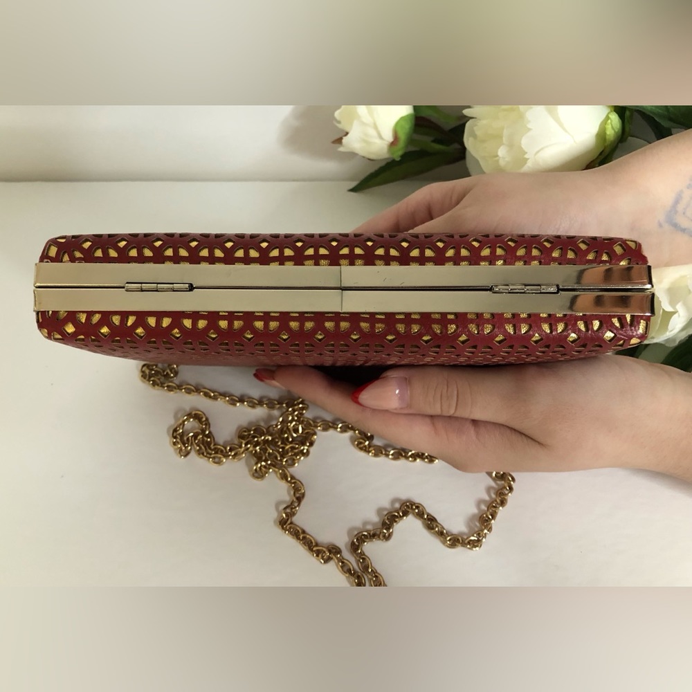 Red & Gold Geometric Cutout Clutch with Chain - Picture 10 of 11